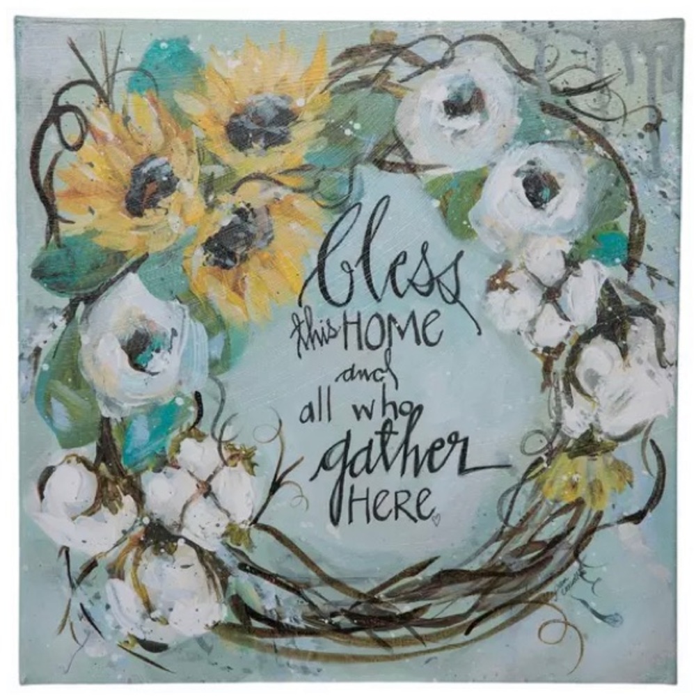 Bless This Home Gather Wreath Canvas Boho Fall Farmhouse Floral Wall Art Decor